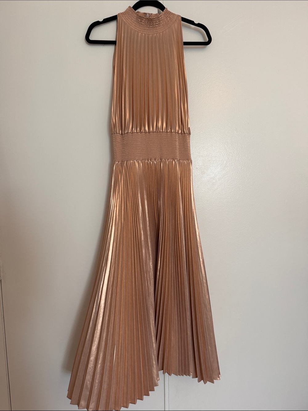 A.L.C. Pleated Metallic Halter Midi Dress in Rose Gold